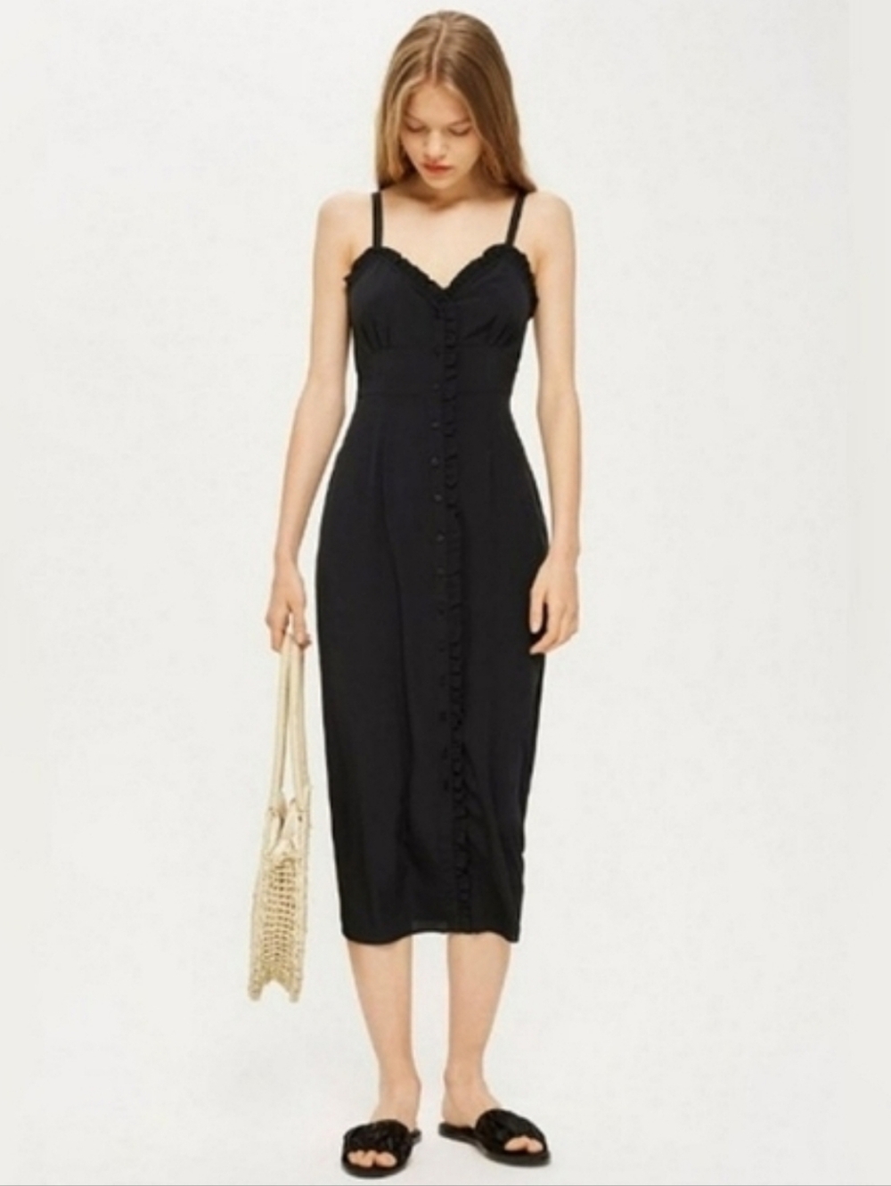 Black TOPSHOP Ruffle Button Down Midi Slip Dress Sweetheart Neckline Slipdress